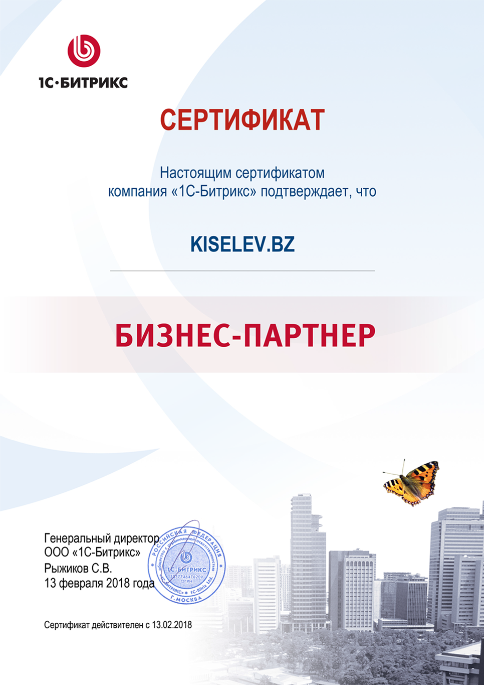 Сертификат партнёра по СРМ системам в Кызыле